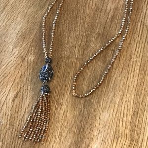 Gold glass beaded Necklace with rhinestone charm